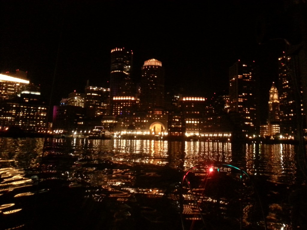 night-time botoring (boat motoring), view of Boston