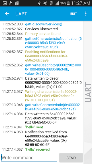 NRF Toolbox UART log showing sent and received messages